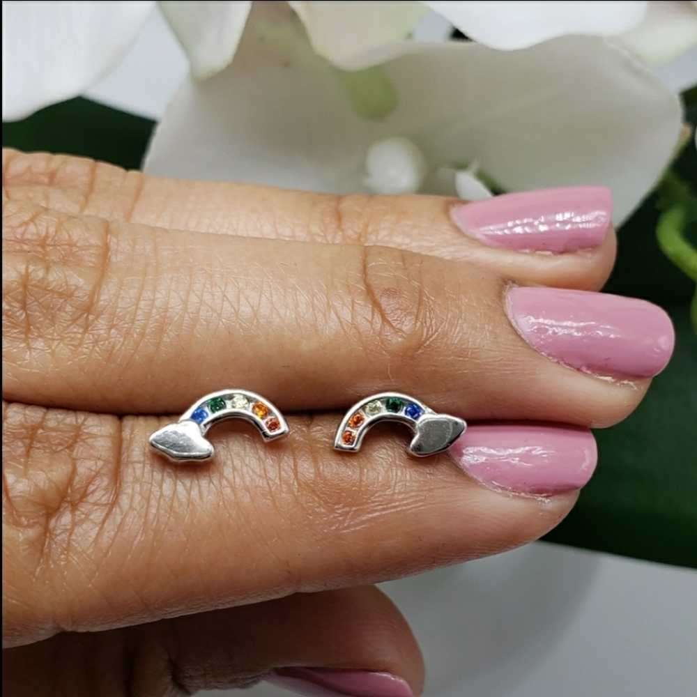 🌈 STERLING SILVER 925 Rainbow Stud Earrings - Picture 5 of 5